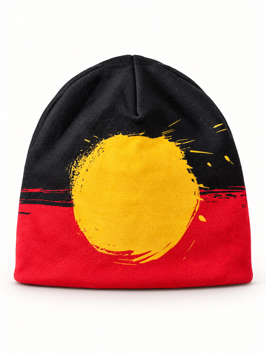 Beanie featuring a distressed Aboriginal flag design
