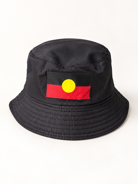 Black bucket hat with Aboriginal flag patch