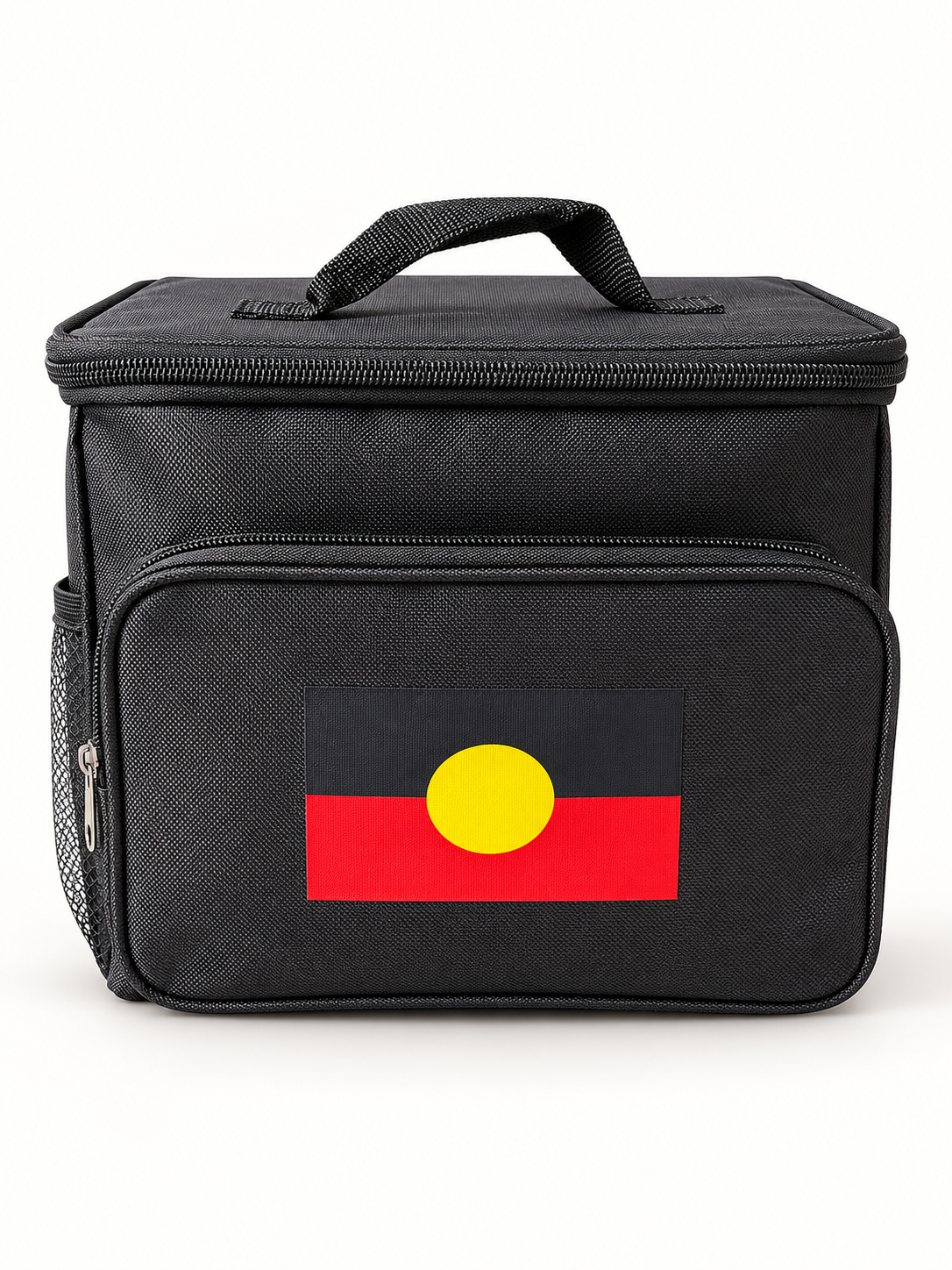 Black insulated cooler bag with Aboriginal flag patch, front view