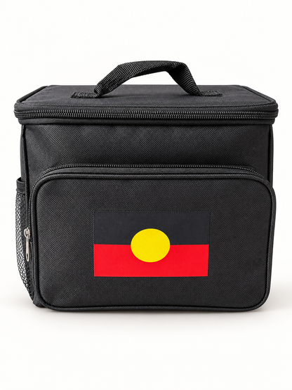 Black insulated cooler bag with Aboriginal flag patch, front view