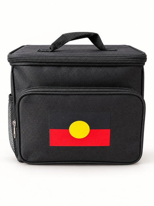 Black insulated cooler bag with Aboriginal flag patch, front view