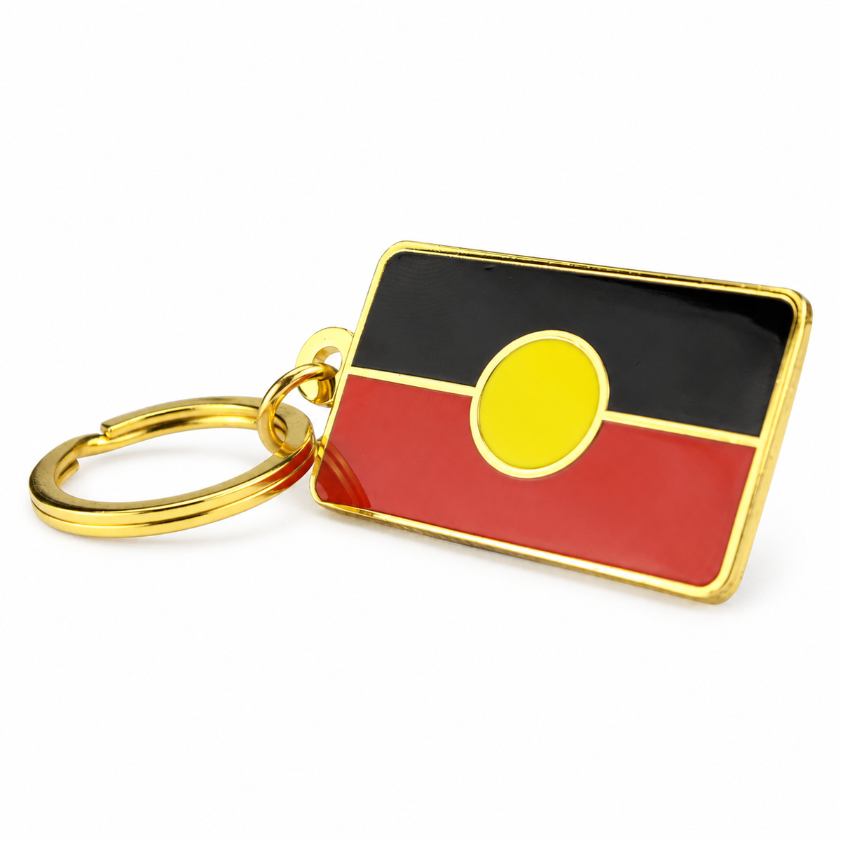 Aboriginal flag key ring with gold-coloured metal border on a white background
