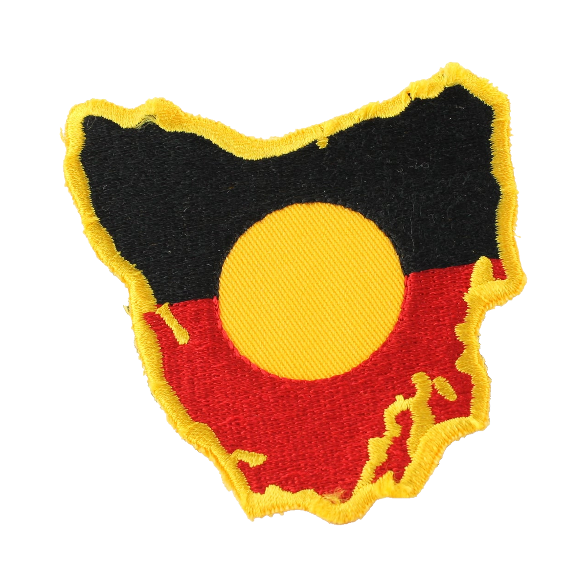 Tasmania-shaped embroidered Aboriginal flag patch on a white background