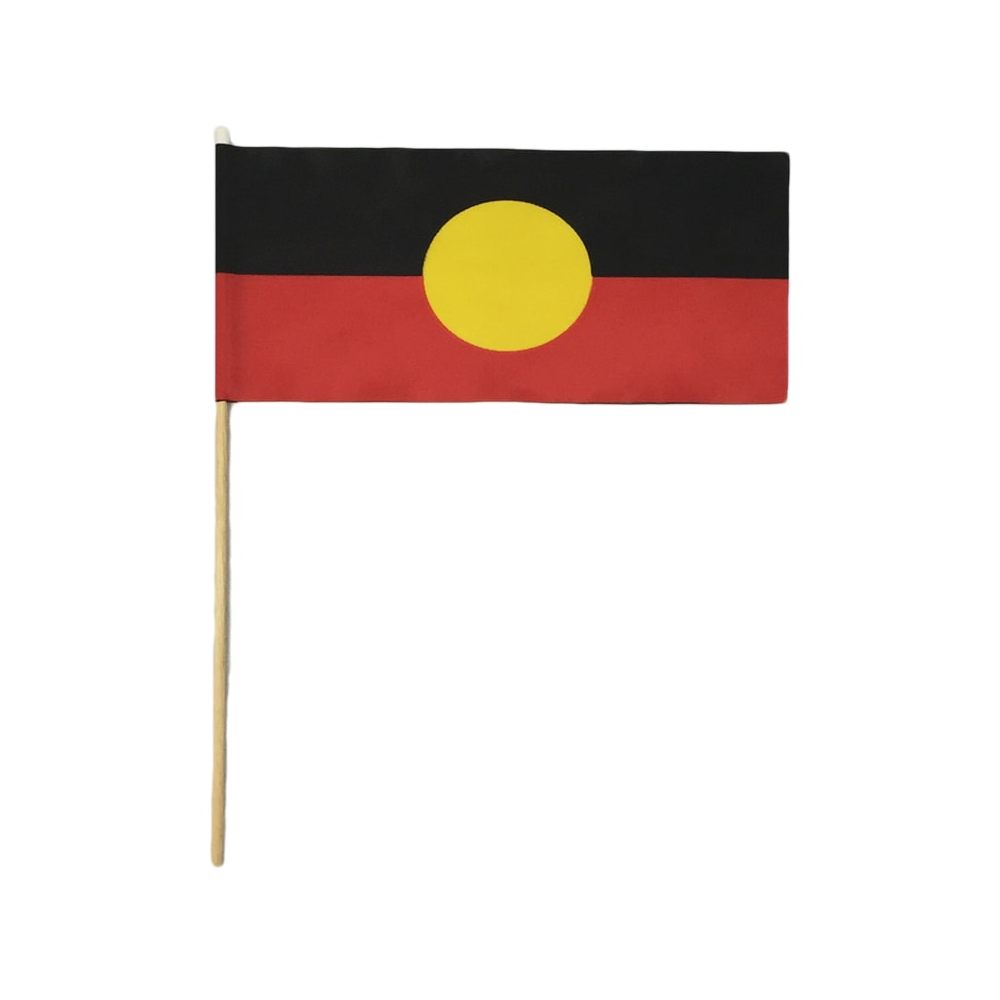 Aboriginal fabric handwaver flag with wooden pole on a white background