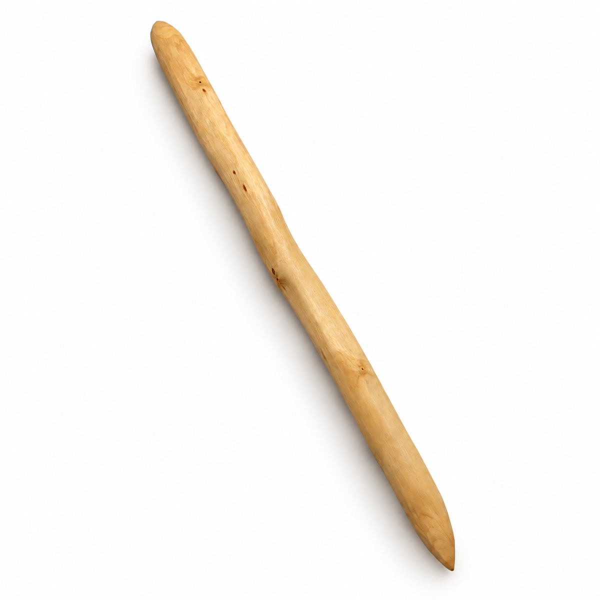Handcrafted dogwood throwing stick by Cade Burgess on a white background
