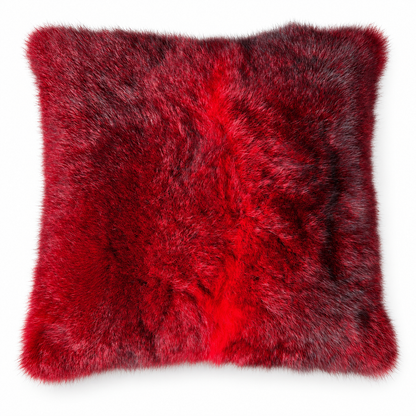 Dyed possum fur cushion in Rosie deep red