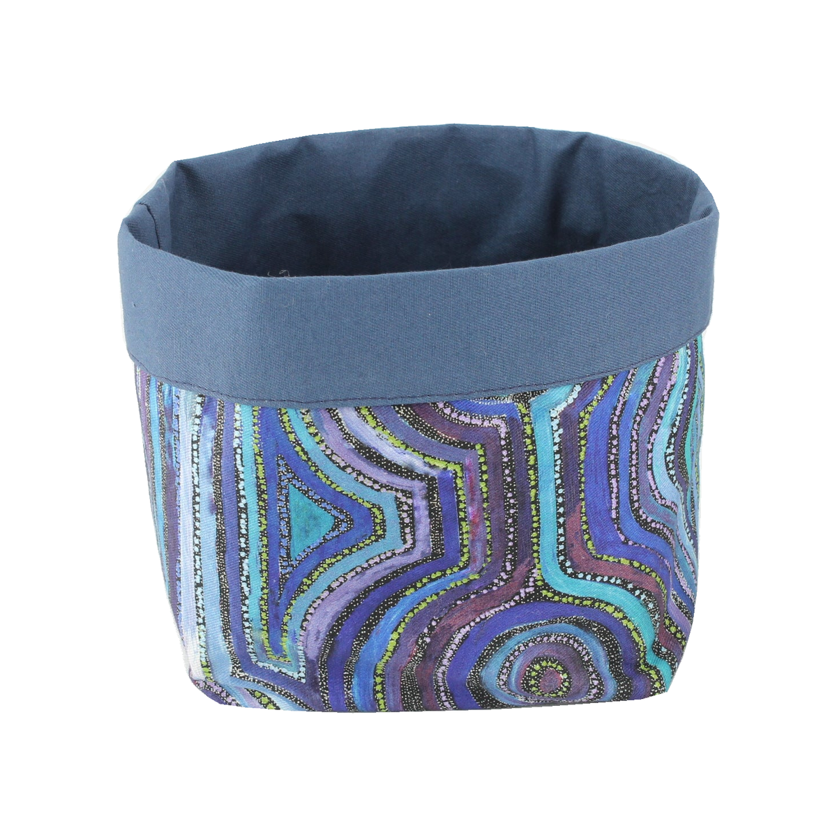 Handmade blue patterned fabric basket on a white background