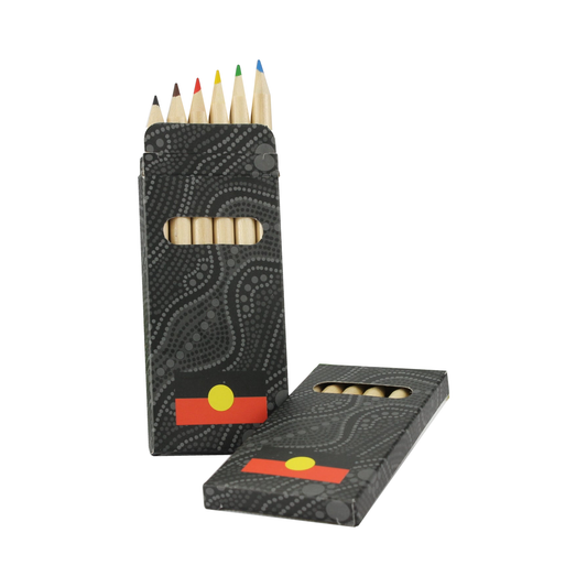 Two Aboriginal flag pencil packs, one open showing six coloured pencils, on a white background