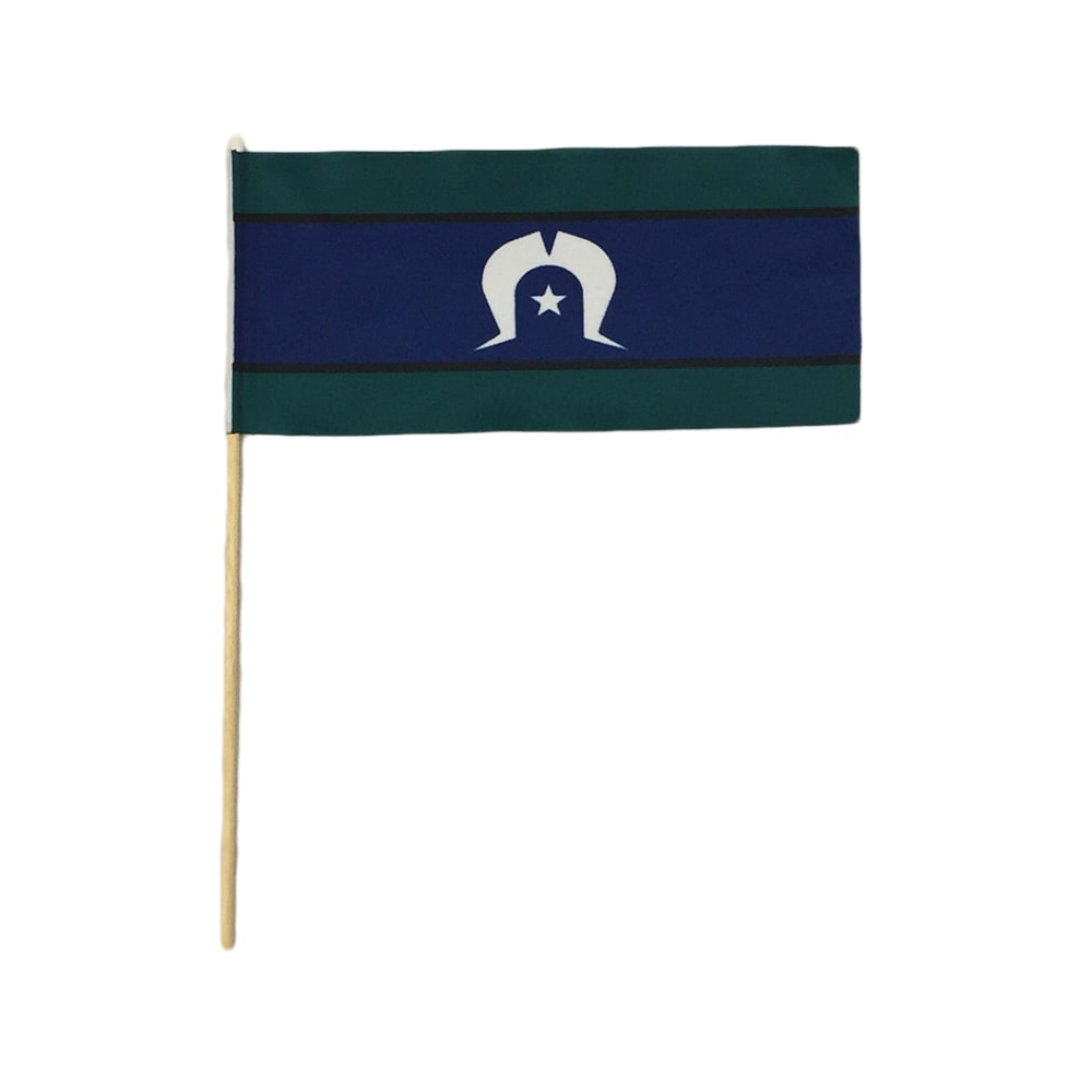 Torres Strait Islander fabric handwaver flag with wooden pole on a white background