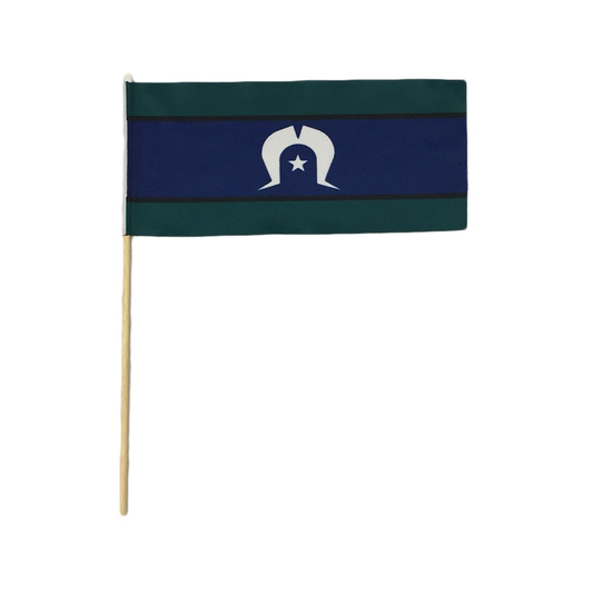 Torres Strait Islander fabric handwaver flag with wooden pole on a white background