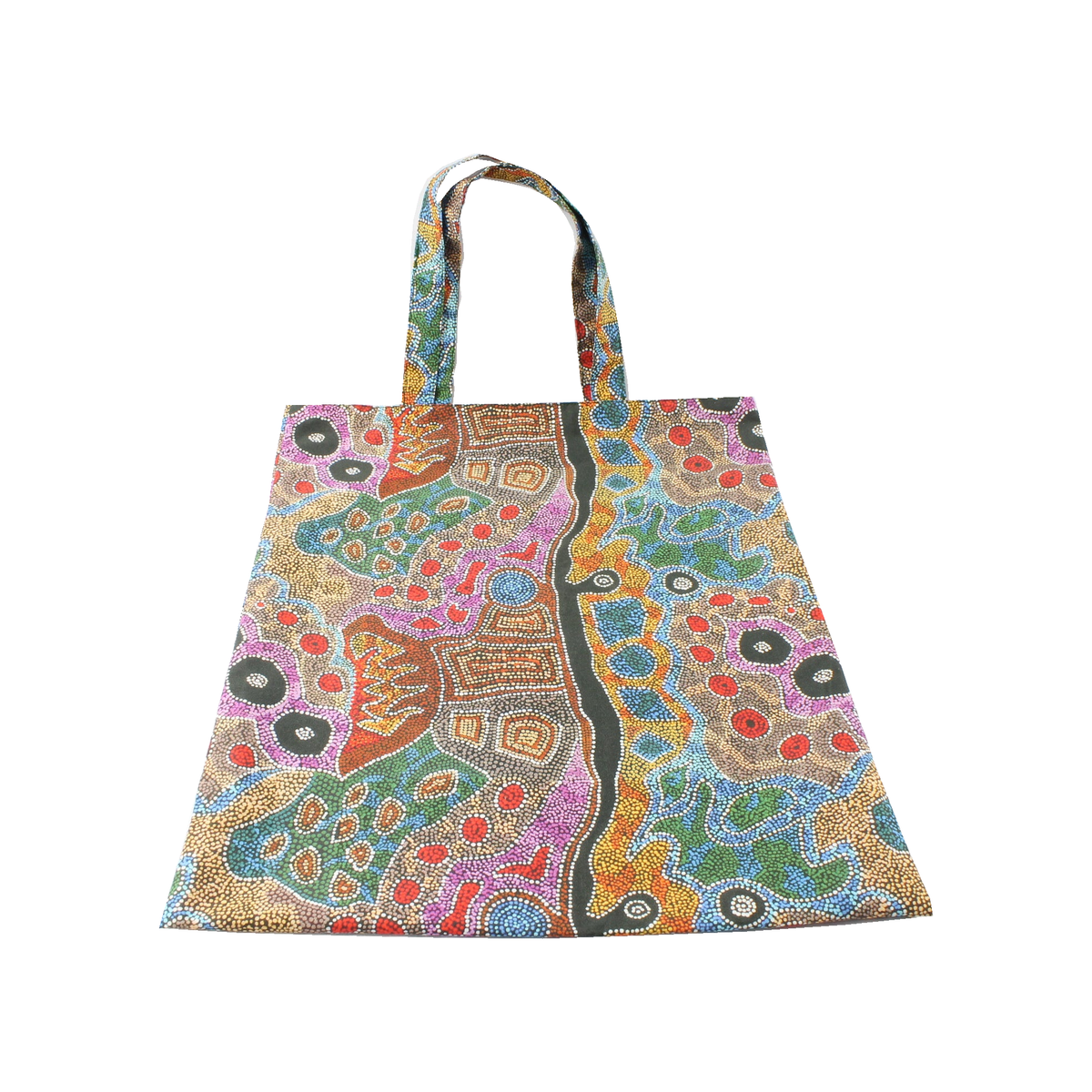 Handmade patterned tote bag with two fabric handles on a white background