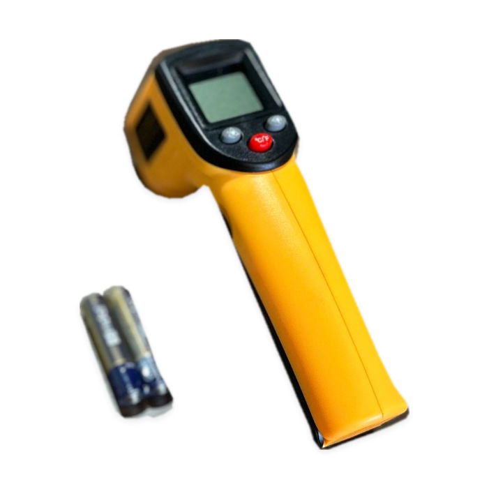 Yellow trigger-style infrared thermometer with two batteries on a white background